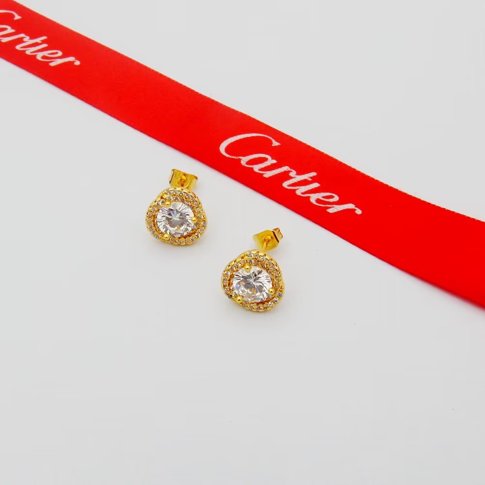 Cartier Trinity Halo Diamond Jewelry Set necklace earrings yellow gold with clear faceted stones white gold with clear faceted stones rose gold with clear faceted stones 16 inch chain length standard stud earring size