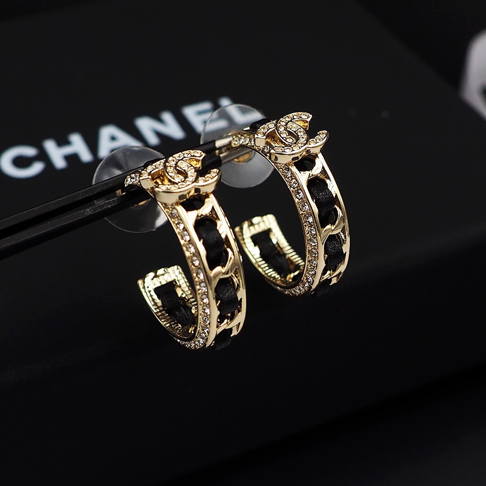 Chanel ABA216 B10370 NM705 CC Logo Hoop Earrings earrings Gold-tone metal black lambskin leather clear crystal rhinestones One Size 2 5cm hoop diameter