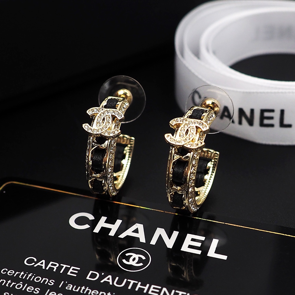 Chanel ABA216 B10370 NM705 CC Logo Hoop Earrings earrings Gold-tone metal black lambskin leather clear crystal rhinestones One Size 2 5cm hoop diameter