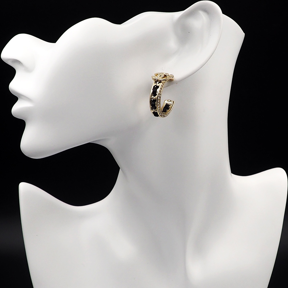 Chanel ABA216 B10370 NM705 CC Logo Hoop Earrings earrings Gold-tone metal black lambskin leather clear crystal rhinestones One Size 2 5cm hoop diameter