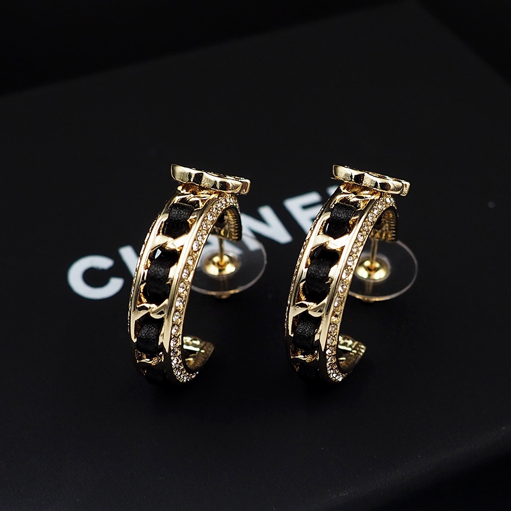 Chanel ABA216 B10370 NM705 CC Logo Hoop Earrings earrings Gold-tone metal black lambskin leather clear crystal rhinestones One Size 2 5cm hoop diameter