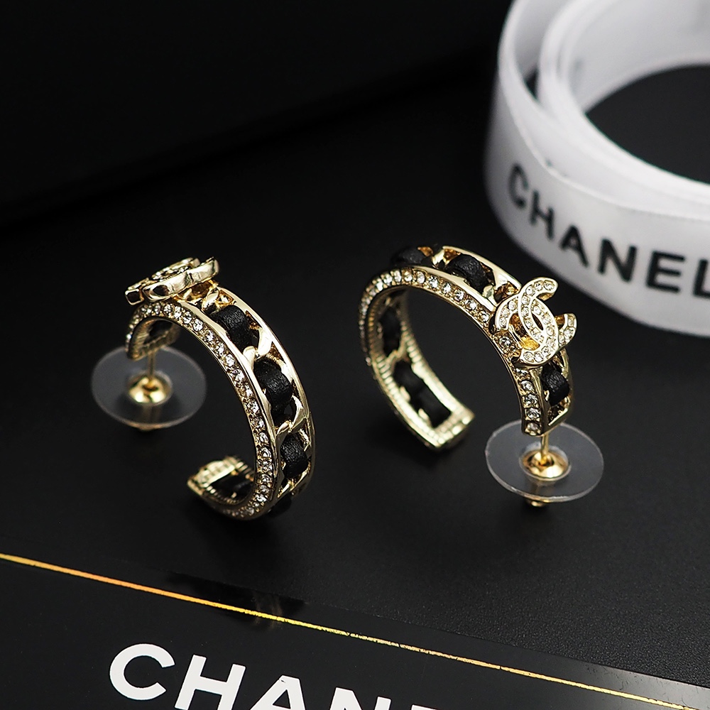 Chanel ABA216 B10370 NM705 CC Logo Hoop Earrings earrings Gold-tone metal black lambskin leather clear crystal rhinestones One Size 2 5cm hoop diameter