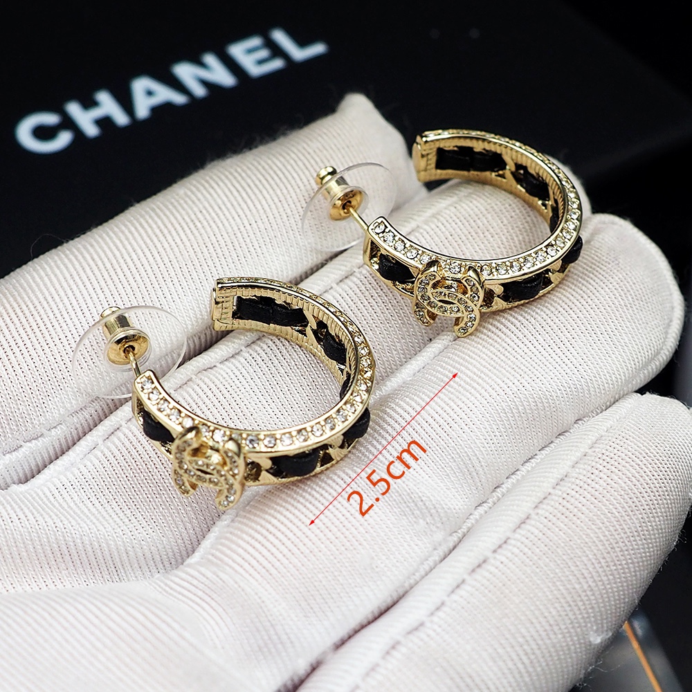 Chanel ABA216 B10370 NM705 CC Logo Hoop Earrings earrings Gold-tone metal black lambskin leather clear crystal rhinestones One Size 2 5cm hoop diameter