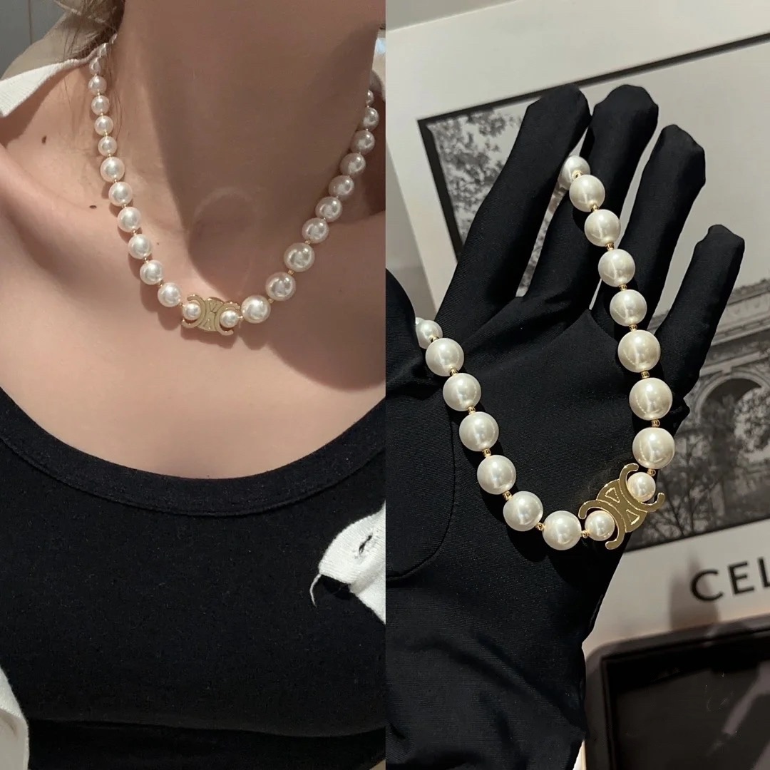 Celine Triomphe Pearl Choker necklace gold-tone metal cream white faux pearl 40cm with 5cm extender chain