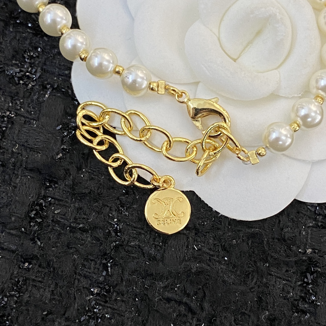 Celine Triomphe Pearl Choker necklace gold-tone metal cream white faux pearl 40cm with 5cm extender chain