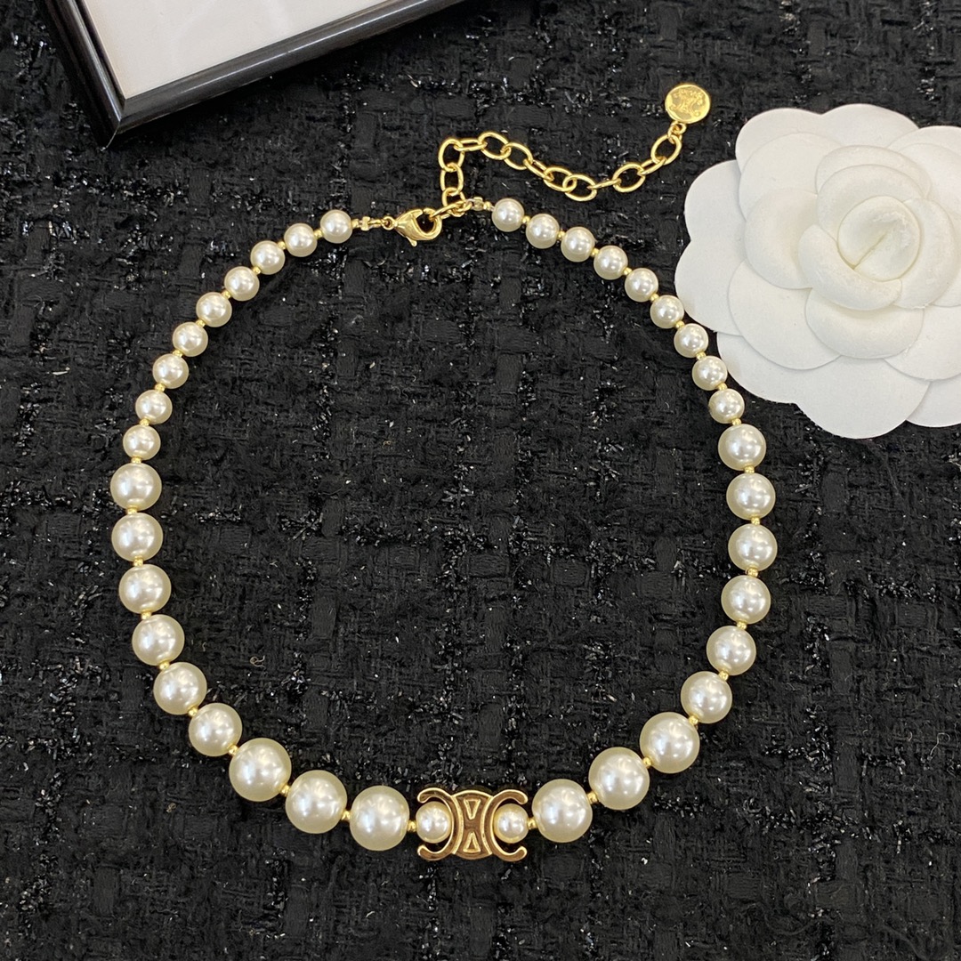 Celine Triomphe Pearl Choker necklace gold-tone metal cream white faux pearl 40cm with 5cm extender chain