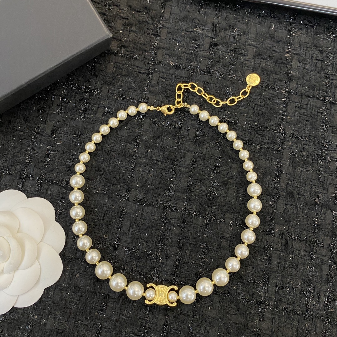 Celine Triomphe Pearl Choker necklace gold-tone metal cream white faux pearl 40cm with 5cm extender chain