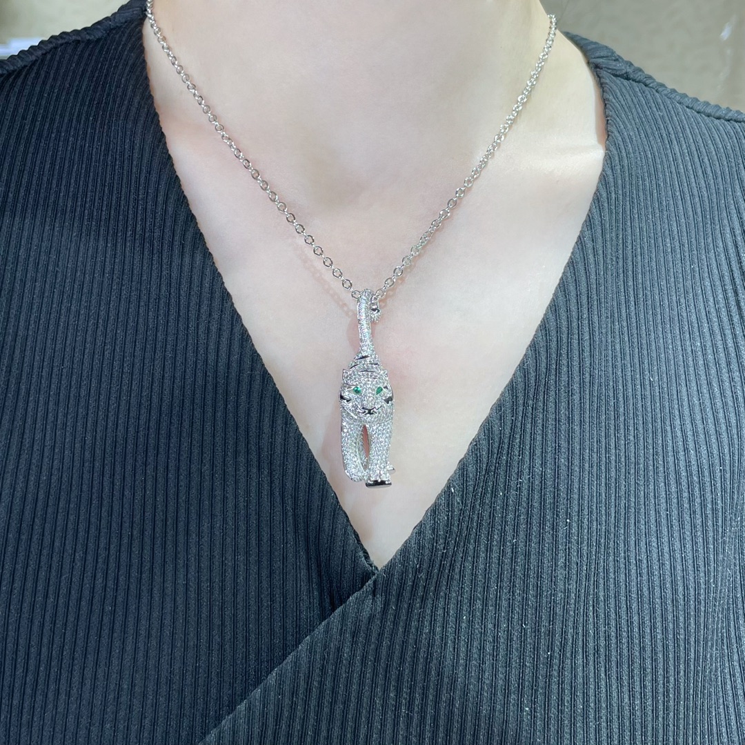 Cartier PANTHERE DE CARTIER necklace 18k white gold pave diamonds emerald eyes black lacquer accents 45cm