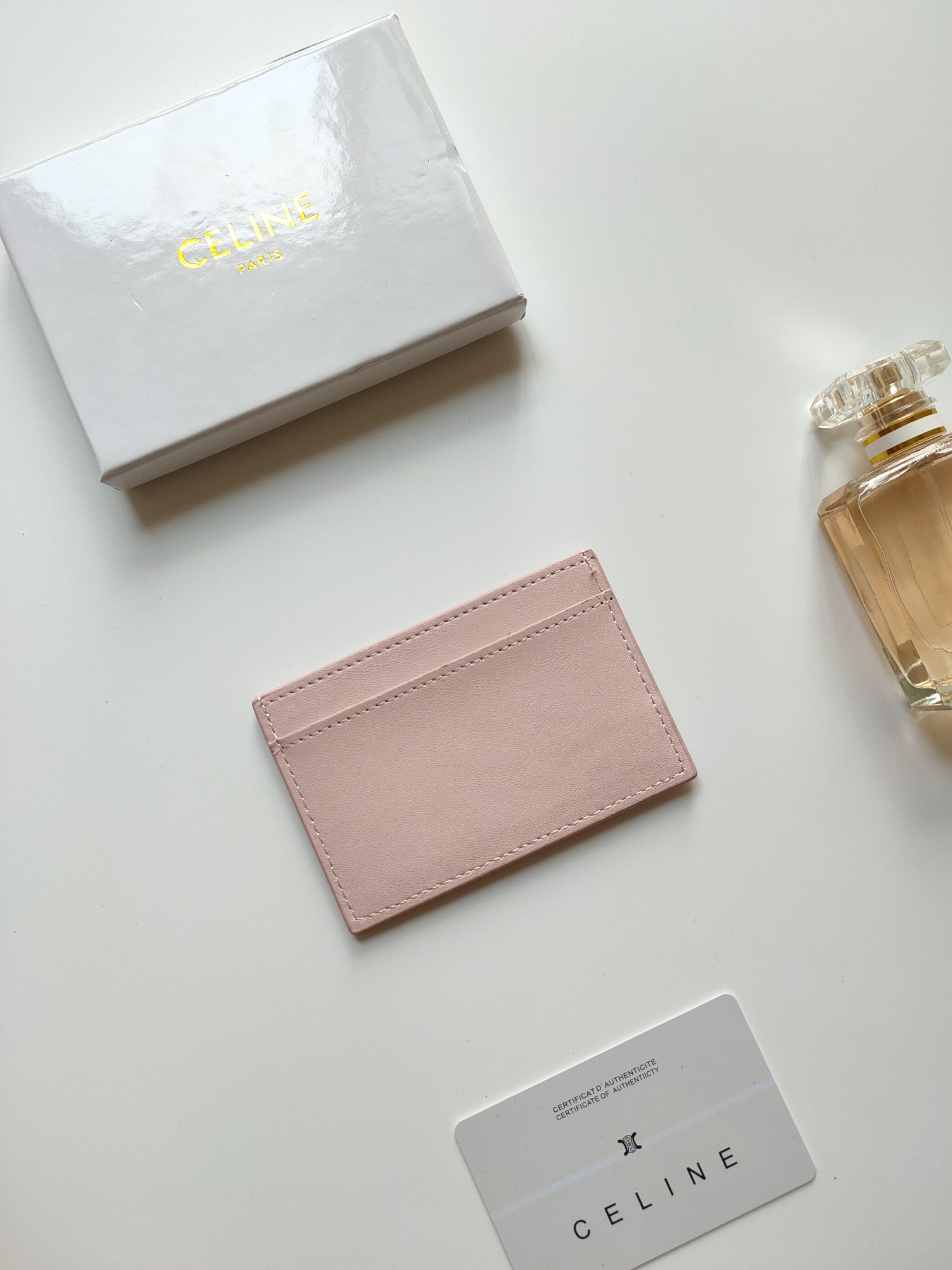 Celine Triomphe card holder pale pink smooth leather with matching tone embossed Triomphe logo 10 5 x 7cm