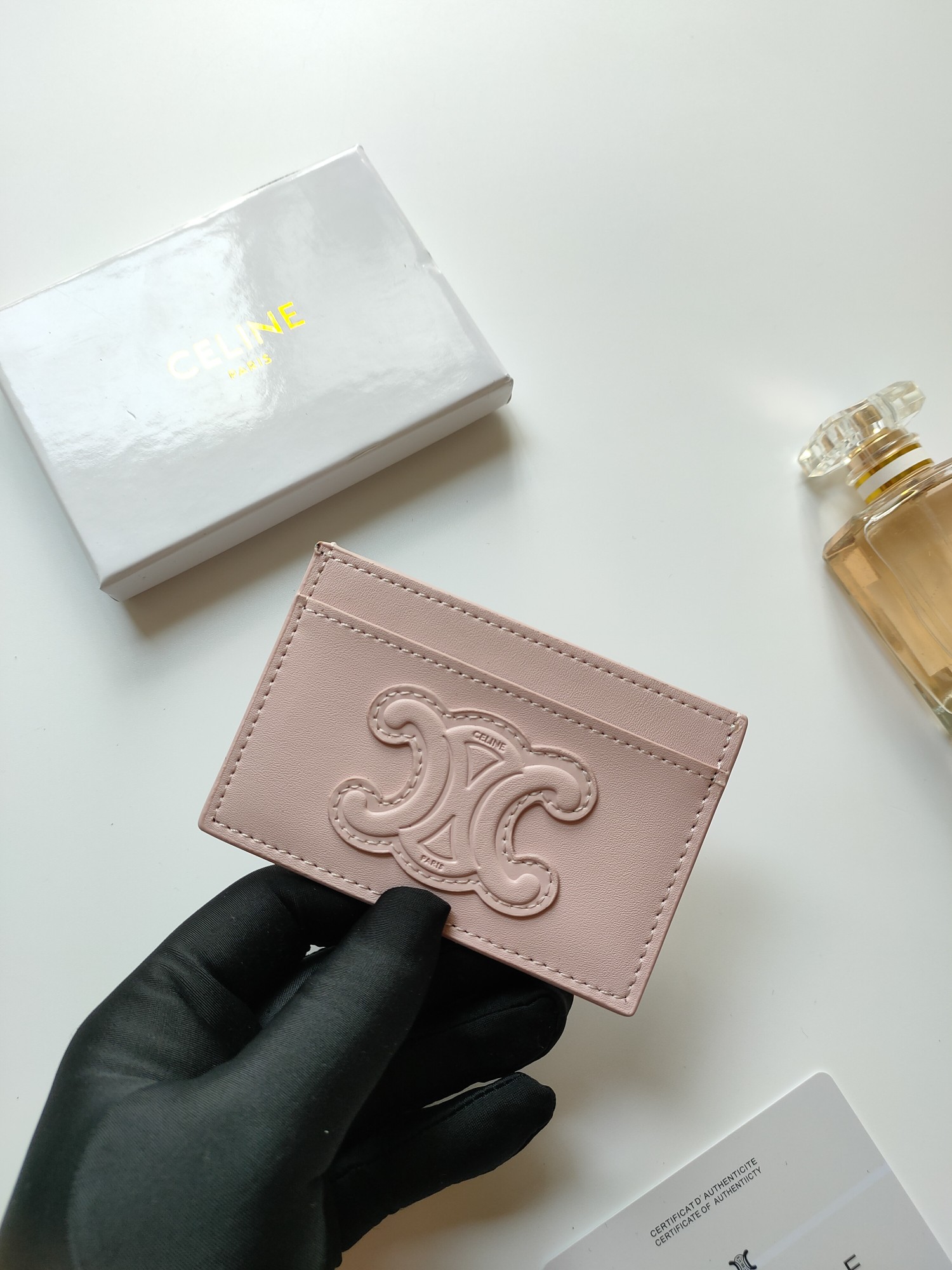 Celine Triomphe card holder pale pink smooth leather with matching tone embossed Triomphe logo 10 5 x 7cm