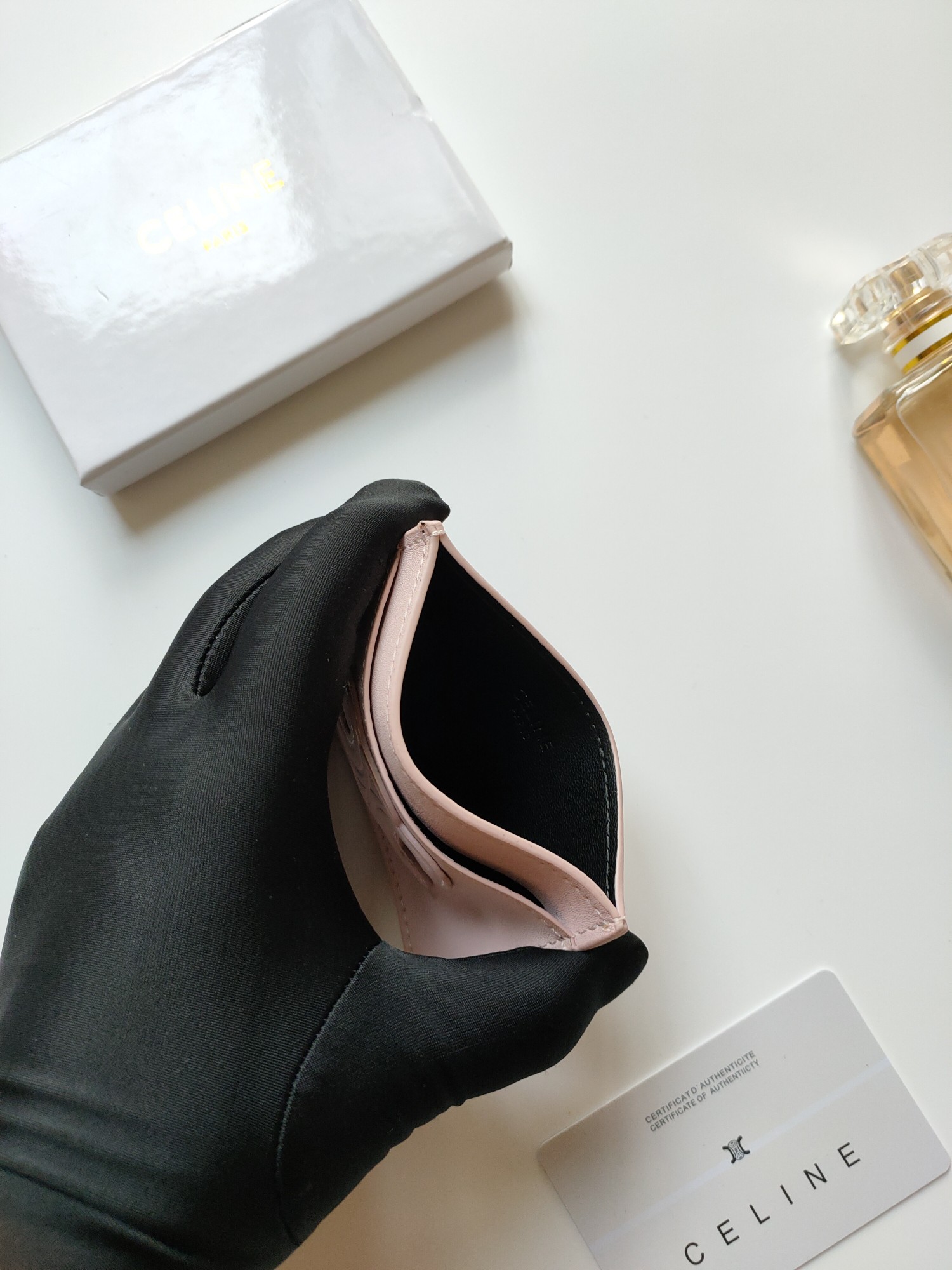 Celine Triomphe card holder pale pink smooth leather with matching tone embossed Triomphe logo 10 5 x 7cm