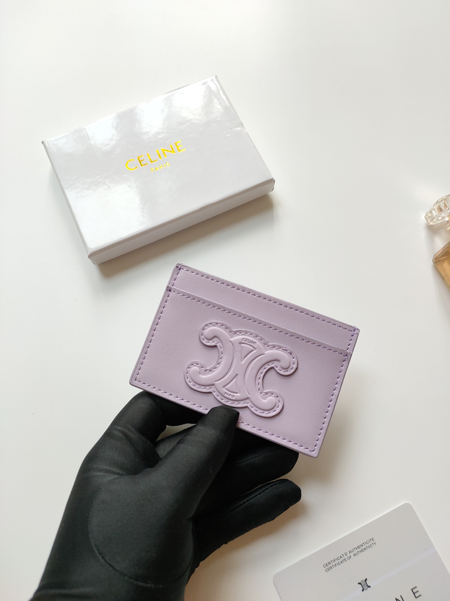 Celine Triomphe card holder light lavender smooth leather with matching tone embossed Triomphe logo 10 5 x 7cm