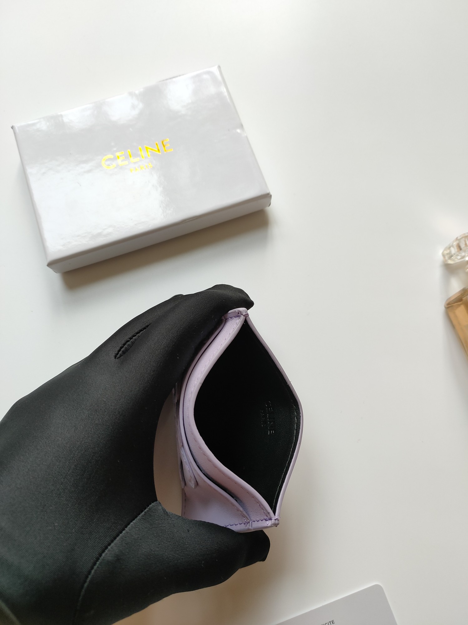Celine Triomphe card holder light lavender smooth leather with matching tone embossed Triomphe logo 10 5 x 7cm