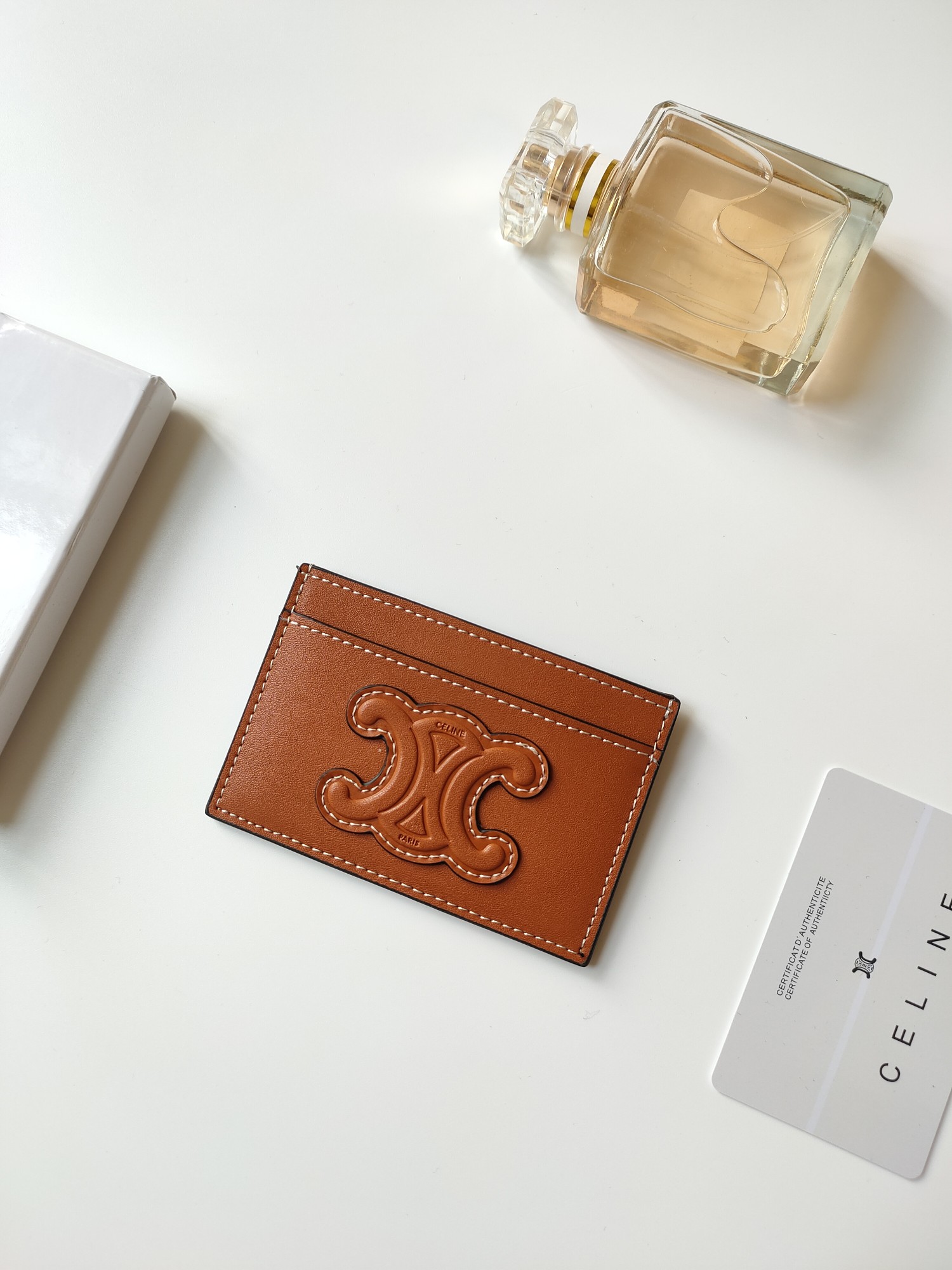 Celine Triomphe card holder tan smooth calfskin leather with white contrast stitching 10 5 x 7cm