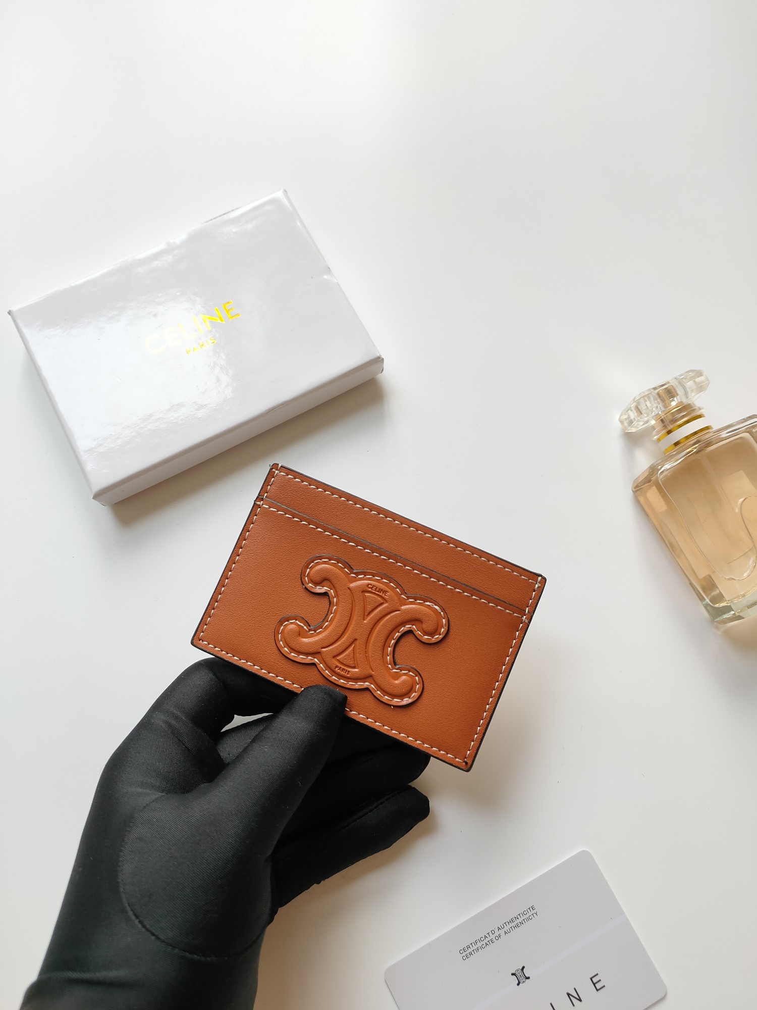 Celine Triomphe card holder tan smooth calfskin leather with white contrast stitching 10 5 x 7cm