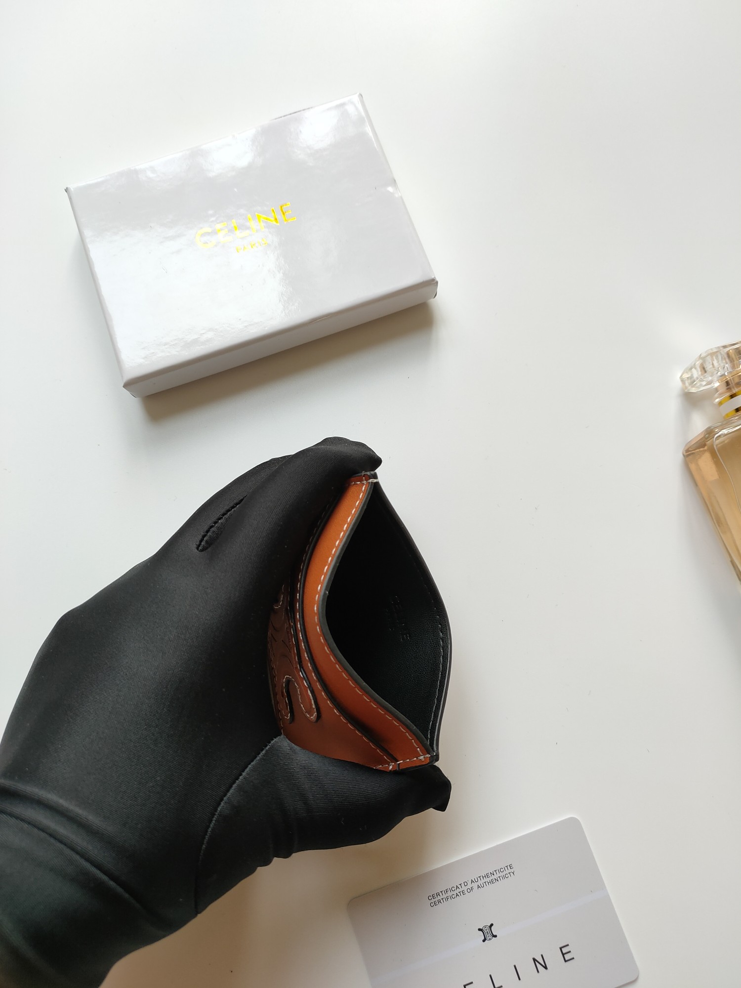 Celine Triomphe card holder tan smooth calfskin leather with white contrast stitching 10 5 x 7cm