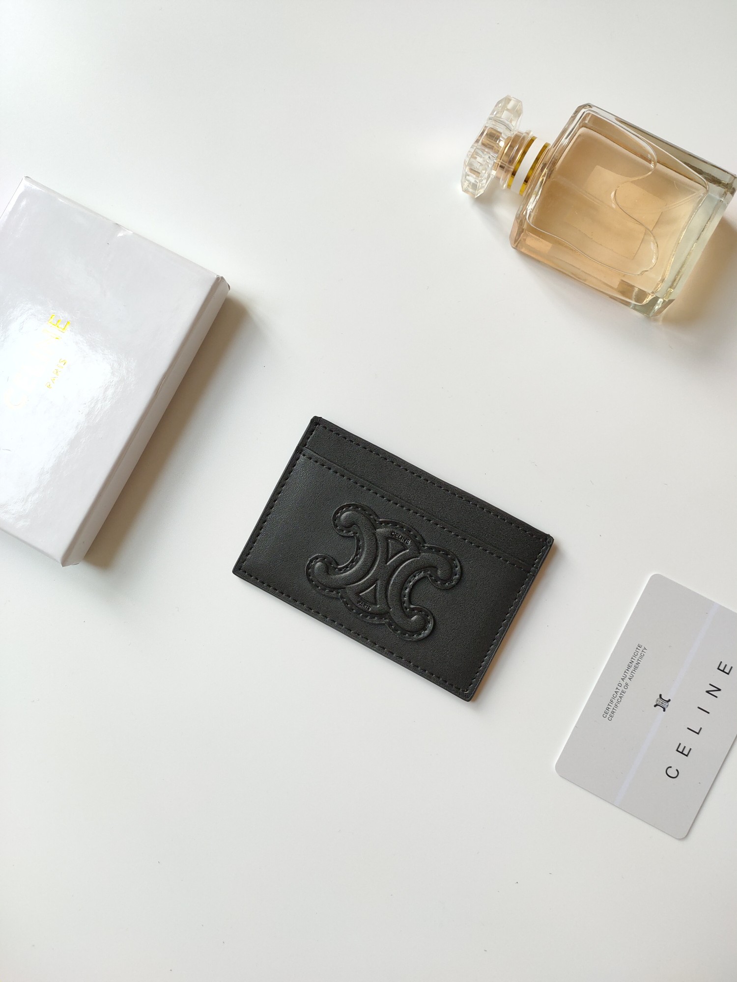 Celine Triomphe card holder black smooth leather with black embossed Triomphe logo 10 5 x 7cm
