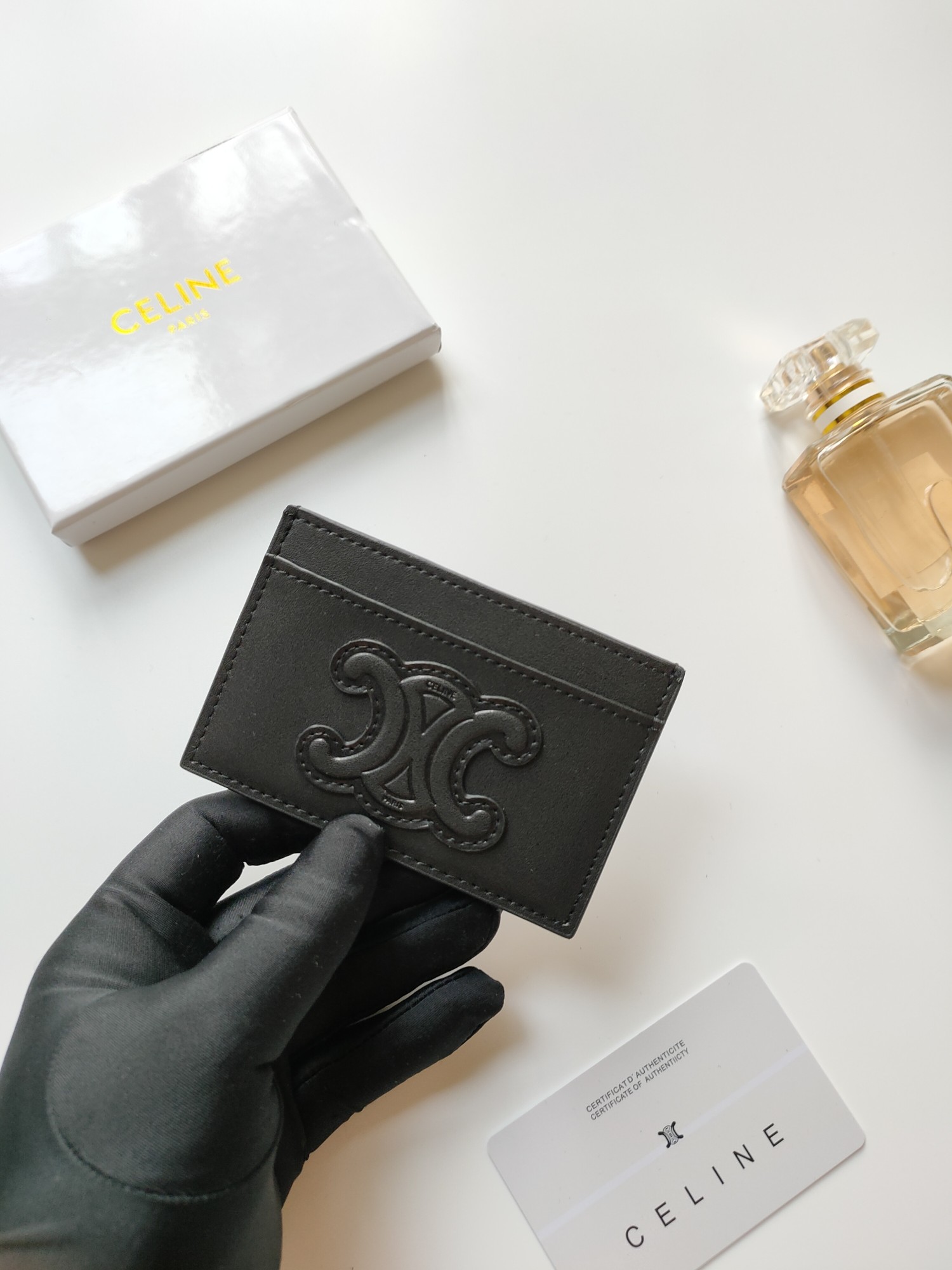 Celine Triomphe card holder black smooth leather with black embossed Triomphe logo 10 5 x 7cm