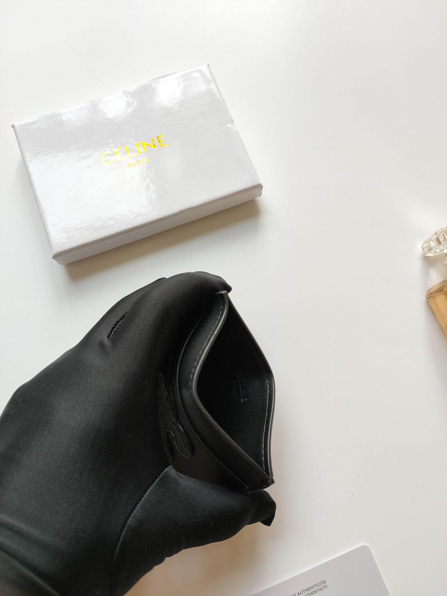 Celine Triomphe card holder black smooth leather with black embossed Triomphe logo 10 5 x 7cm