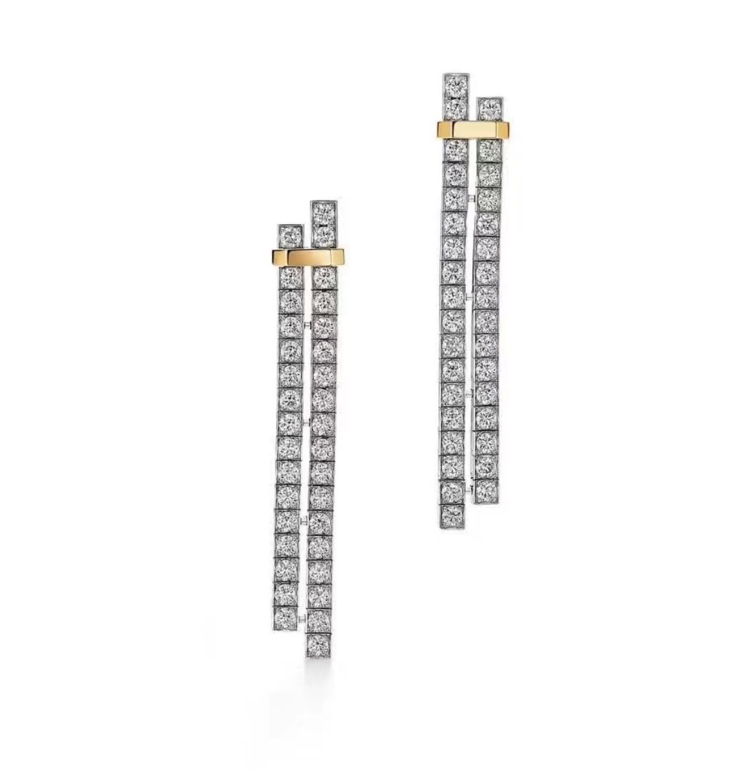 Tiffany Co Tiffany Edge earrings sterling silver 18k yellow gold clear diamond 4 5cm length