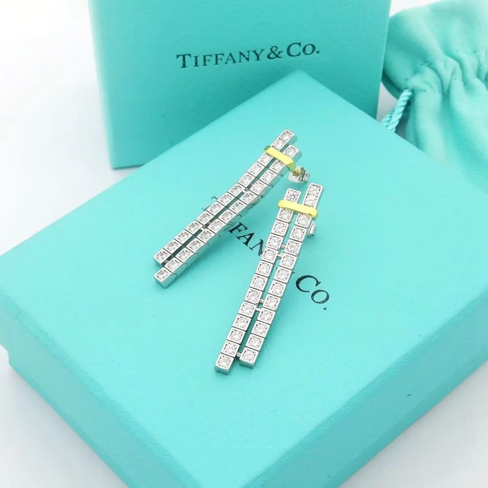 Tiffany Co Tiffany Edge earrings sterling silver 18k yellow gold clear diamond 4 5cm length