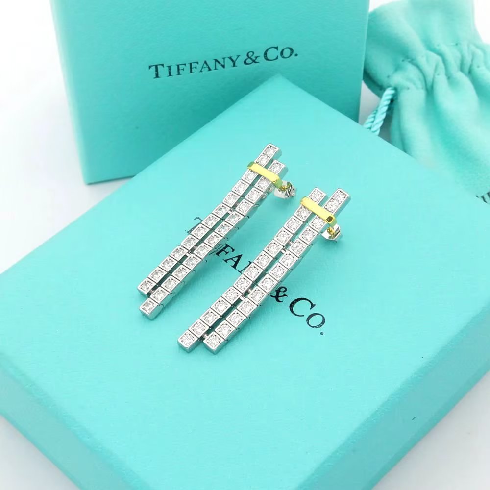 Tiffany Co Tiffany Edge earrings sterling silver 18k yellow gold clear diamond 4 5cm length
