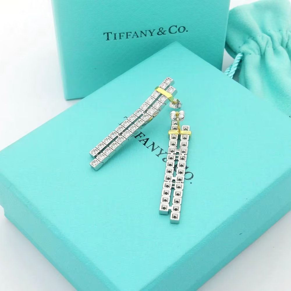 Tiffany Co Tiffany Edge earrings sterling silver 18k yellow gold clear diamond 4 5cm length