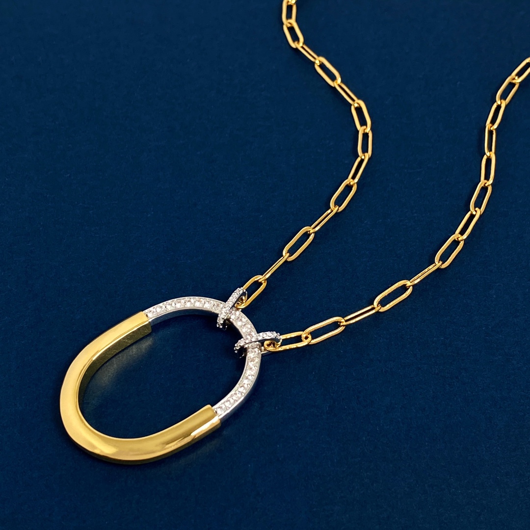 Tiffany Lock Pendant necklace Two-tone yellow gold and white gold with diamond accents 18 inch