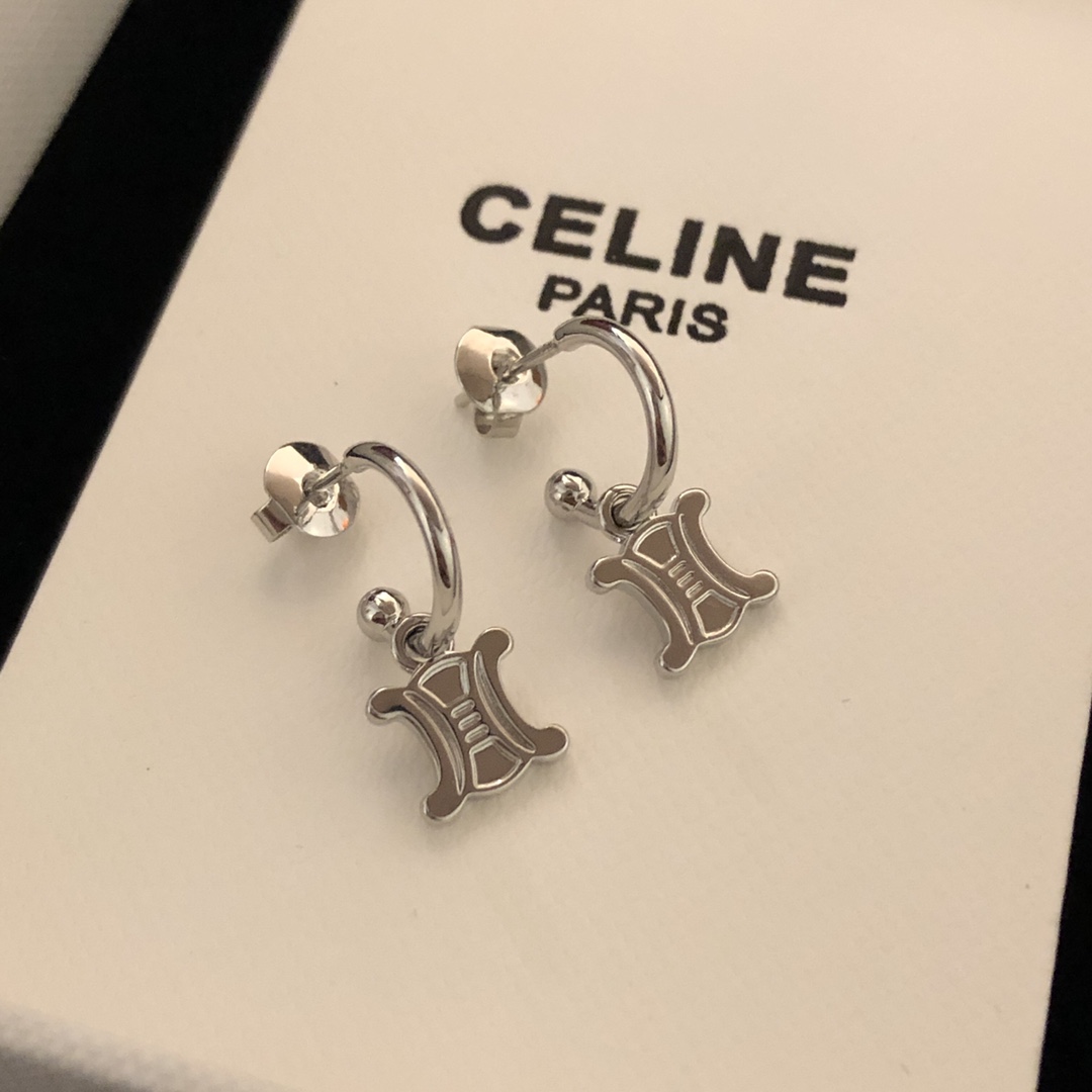 Celine Triomphe earrings silver-toned metal 10mm hoop diameter