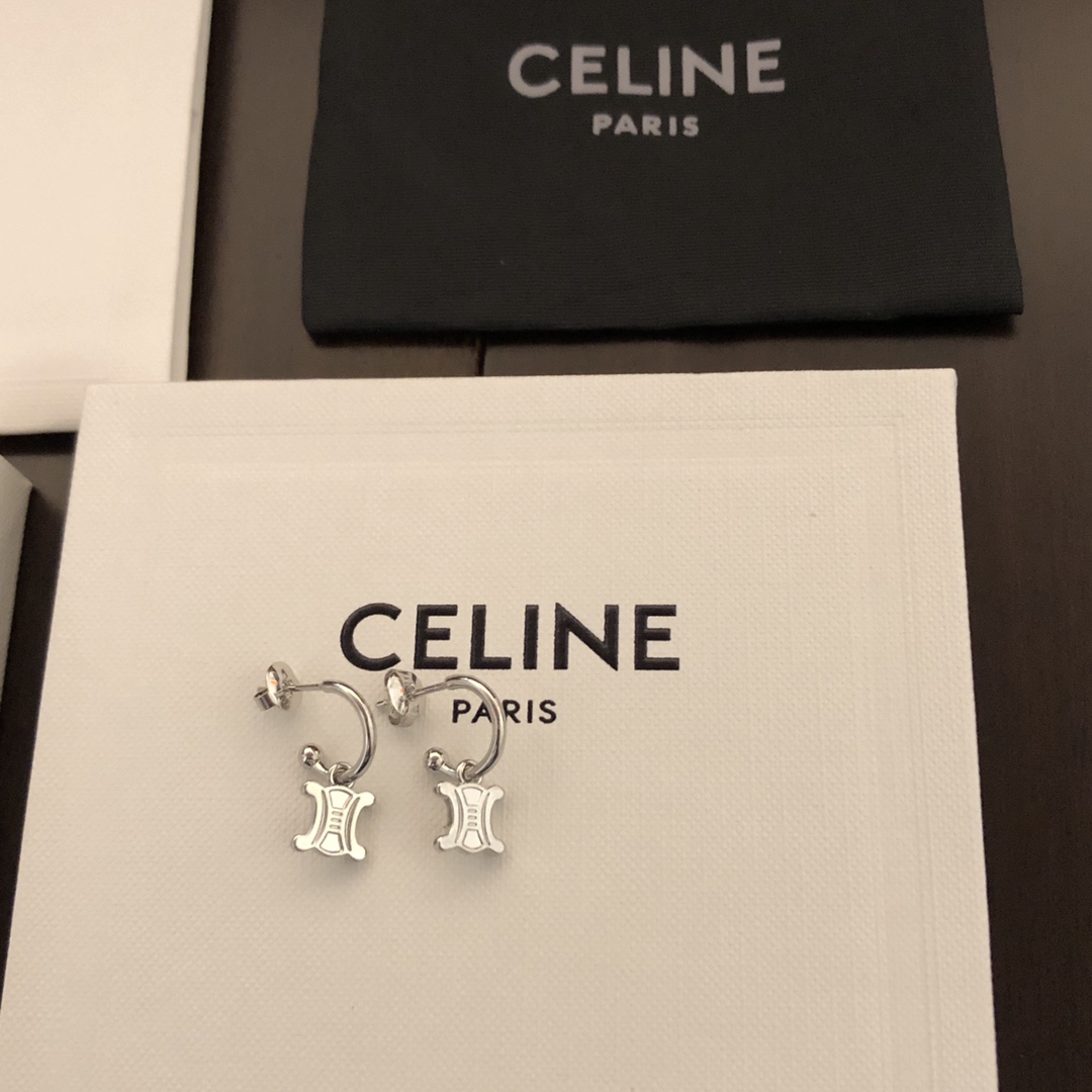 Celine Triomphe earrings silver-toned metal 10mm hoop diameter