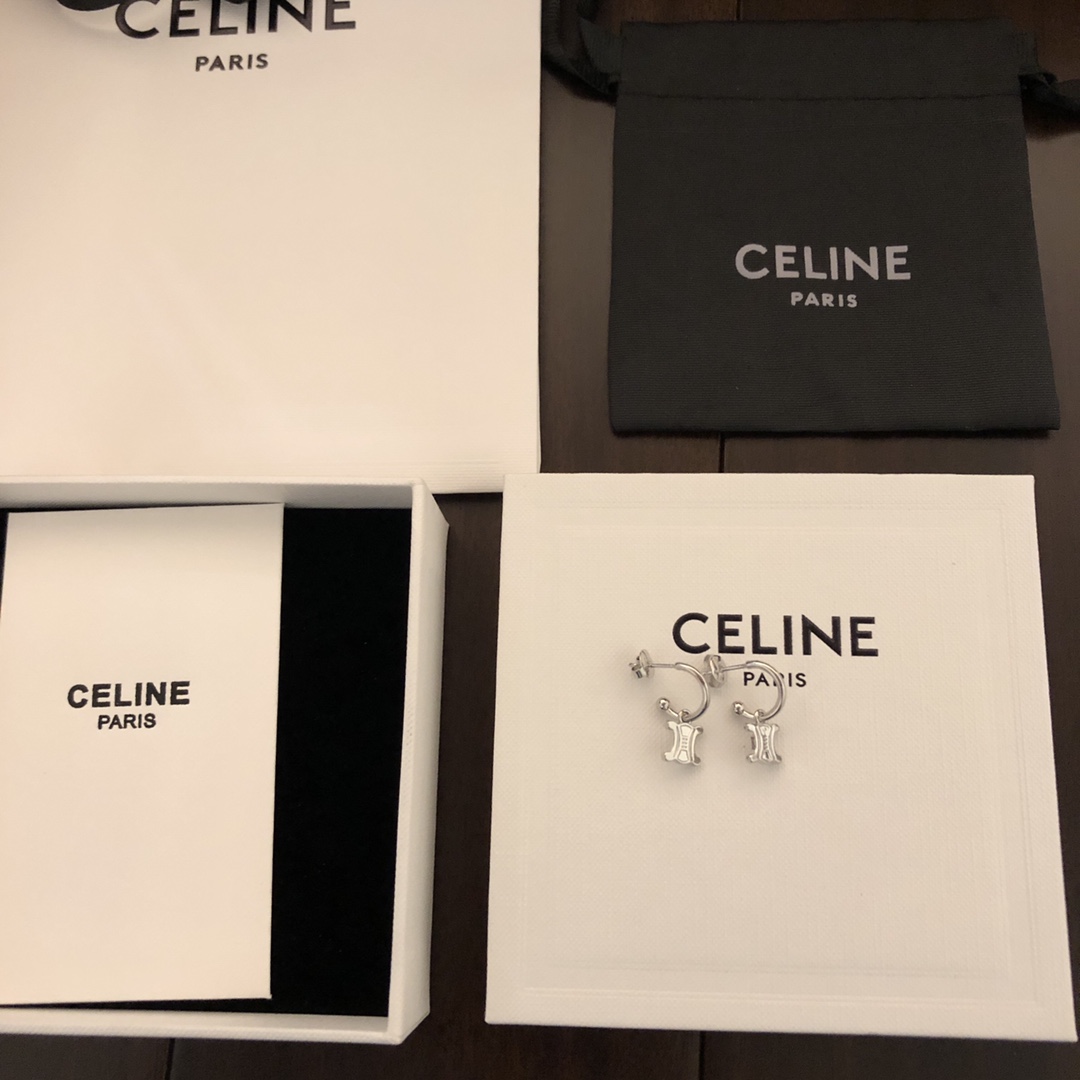 Celine Triomphe earrings silver-toned metal 10mm hoop diameter