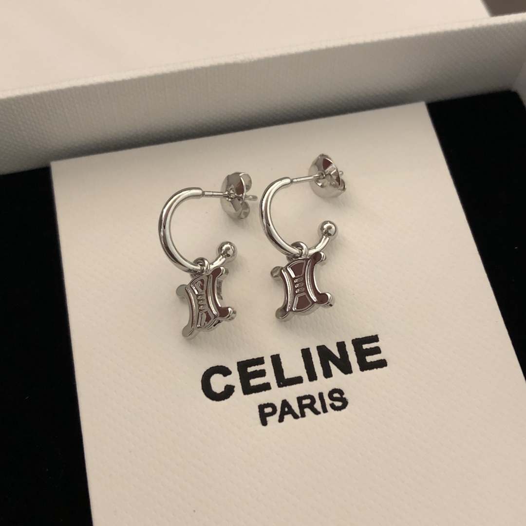 Celine Triomphe earrings silver-toned metal 10mm hoop diameter