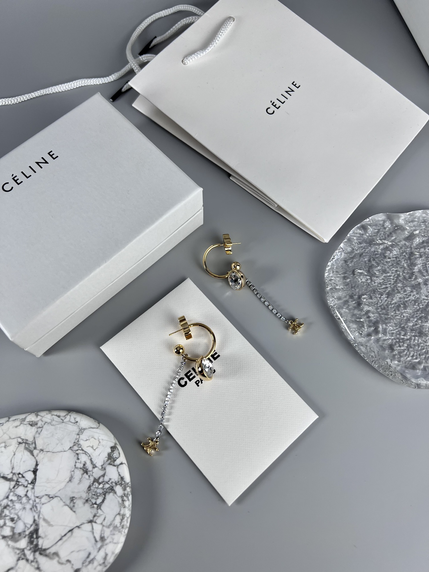 Celine Triomphe Crystal Drop Hoop Earrings earrings gold-tone metal with clear faceted crystals 5cm drop length