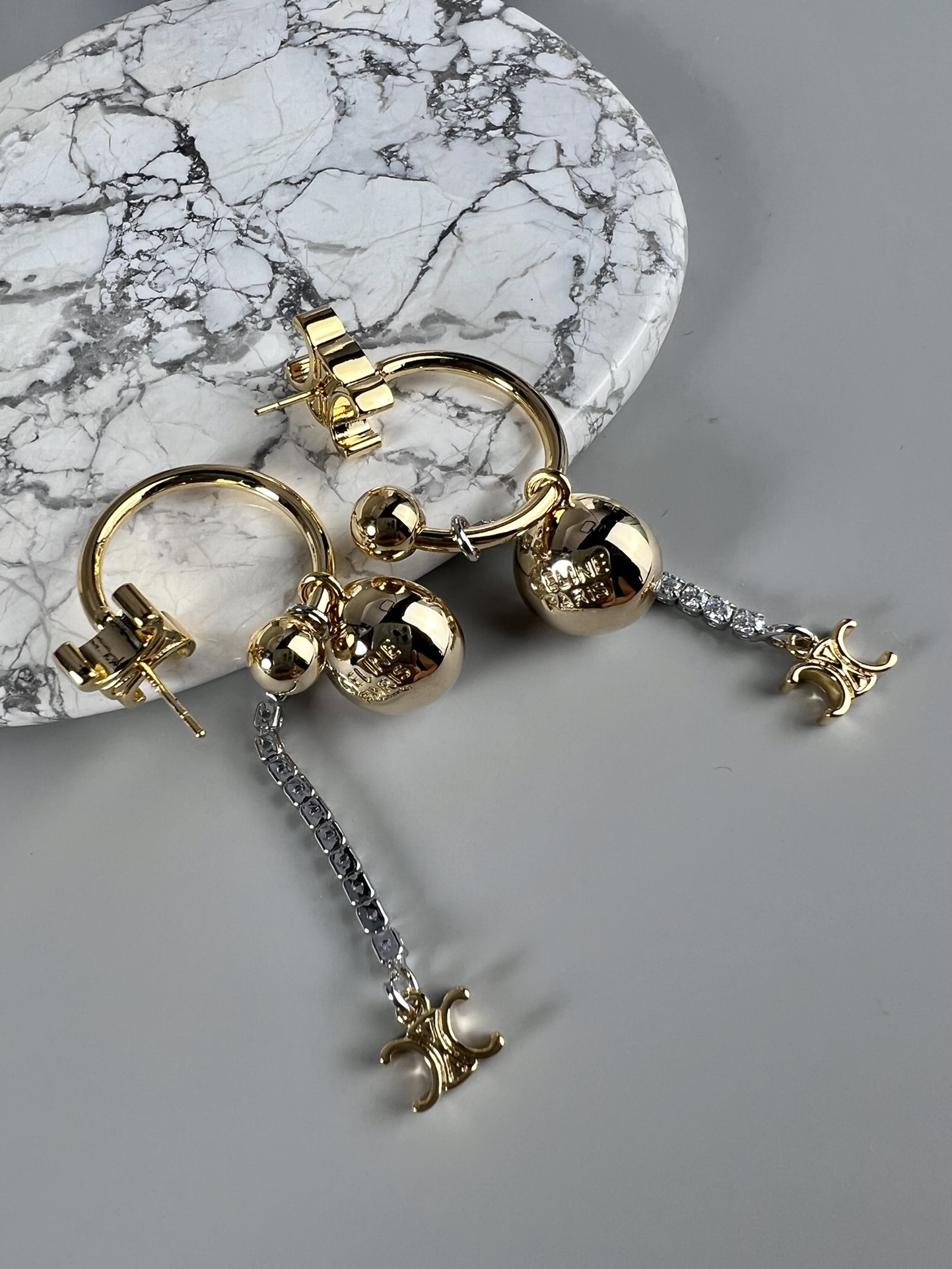Celine Triomphe Crystal Drop Hoop Earrings earrings gold-tone metal with clear faceted crystals 5cm drop length
