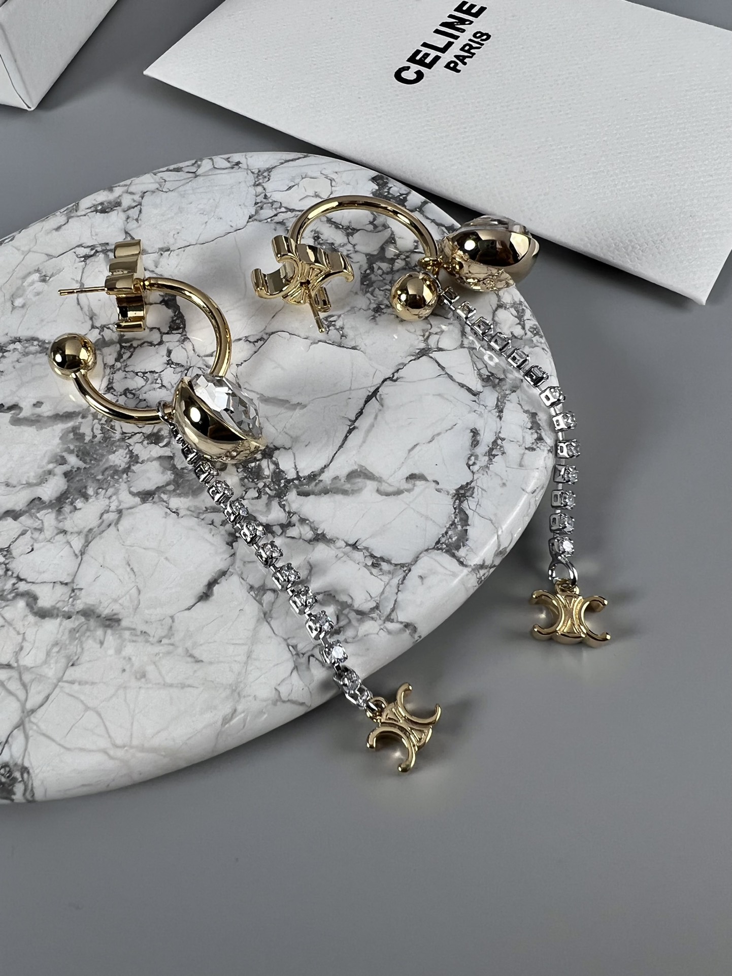 Celine Triomphe Crystal Drop Hoop Earrings earrings gold-tone metal with clear faceted crystals 5cm drop length