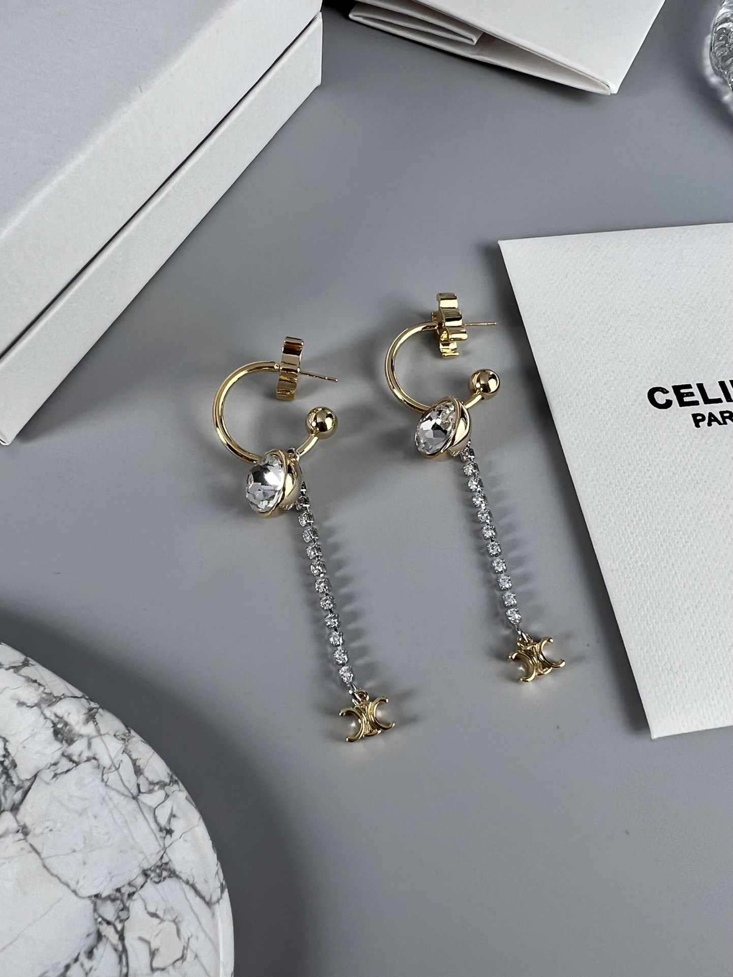 Celine Triomphe Crystal Drop Hoop Earrings earrings gold-tone metal with clear faceted crystals 5cm drop length