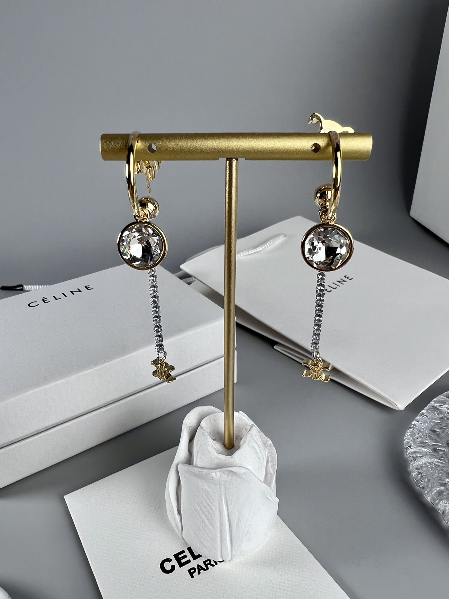 Celine Triomphe Crystal Drop Hoop Earrings earrings gold-tone metal with clear faceted crystals 5cm drop length