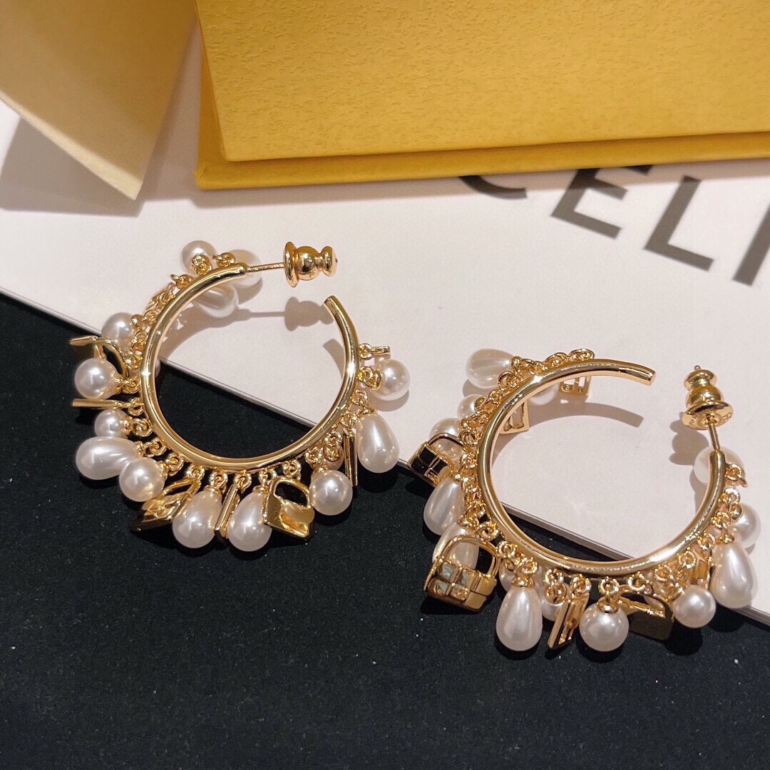 Fendi FDED0025 Pearl Charm Hoop Earrings earrings gold-tone metal with white faux pearls 3 5cm hoop diameter