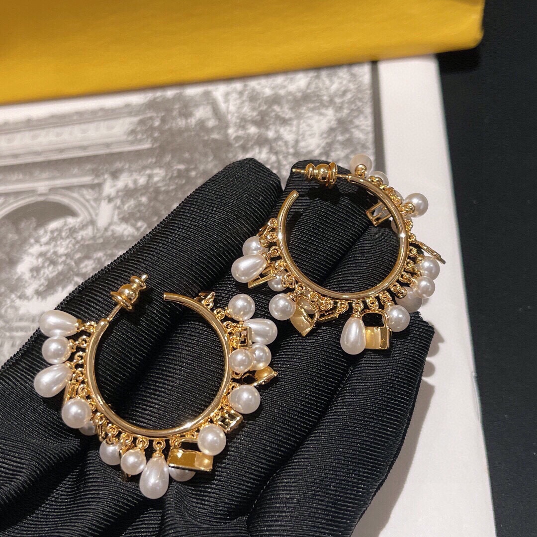 Fendi FDED0025 Pearl Charm Hoop Earrings earrings gold-tone metal with white faux pearls 3 5cm hoop diameter