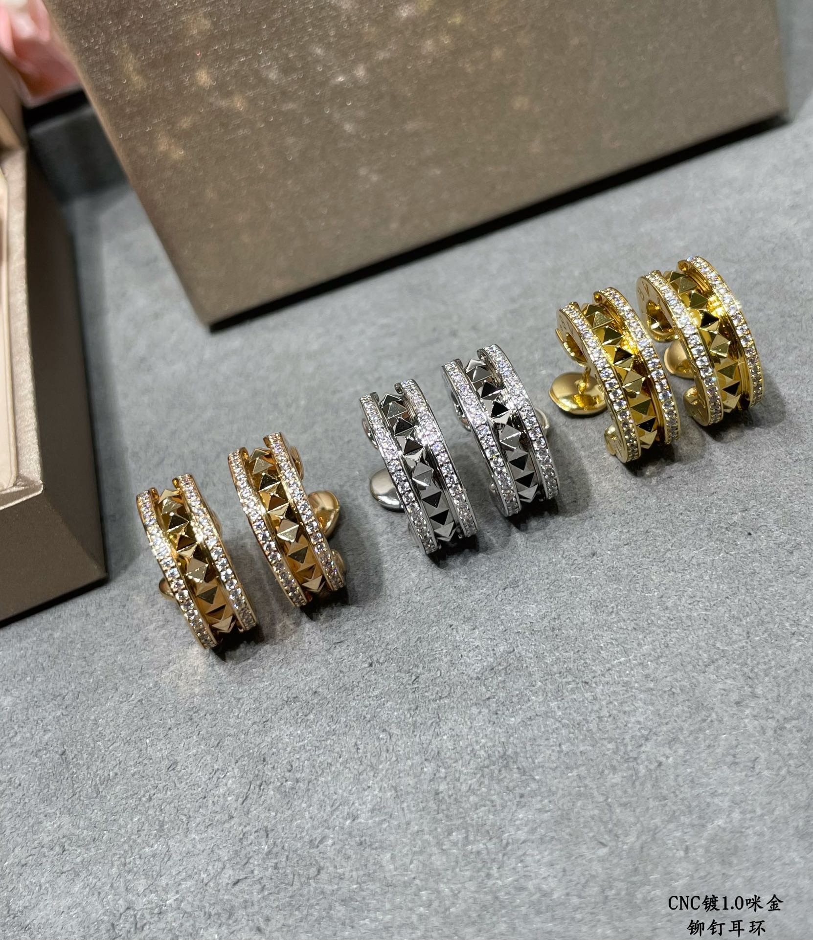 Bvlgari B zero1 Rock earrings 18k yellow gold with clear pave diamonds 18k white gold with clear pave diamonds 15mm outer diameter