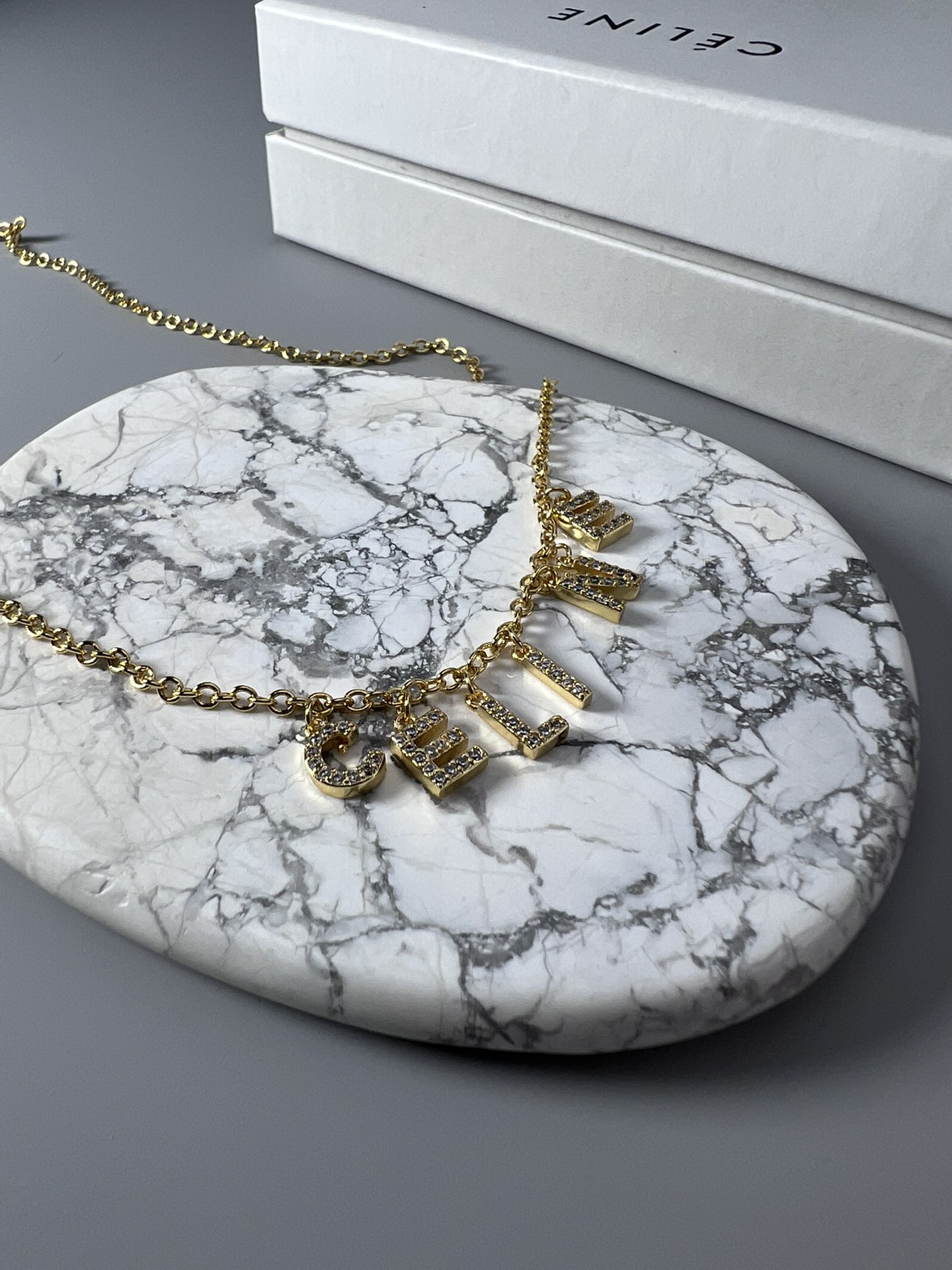 Celine Rhinestone Letter Logo Charm Necklace necklace Silver-toned metal with clear rhinestones Gold-toned metal with clear rhinestones 40cm with 5cm extender