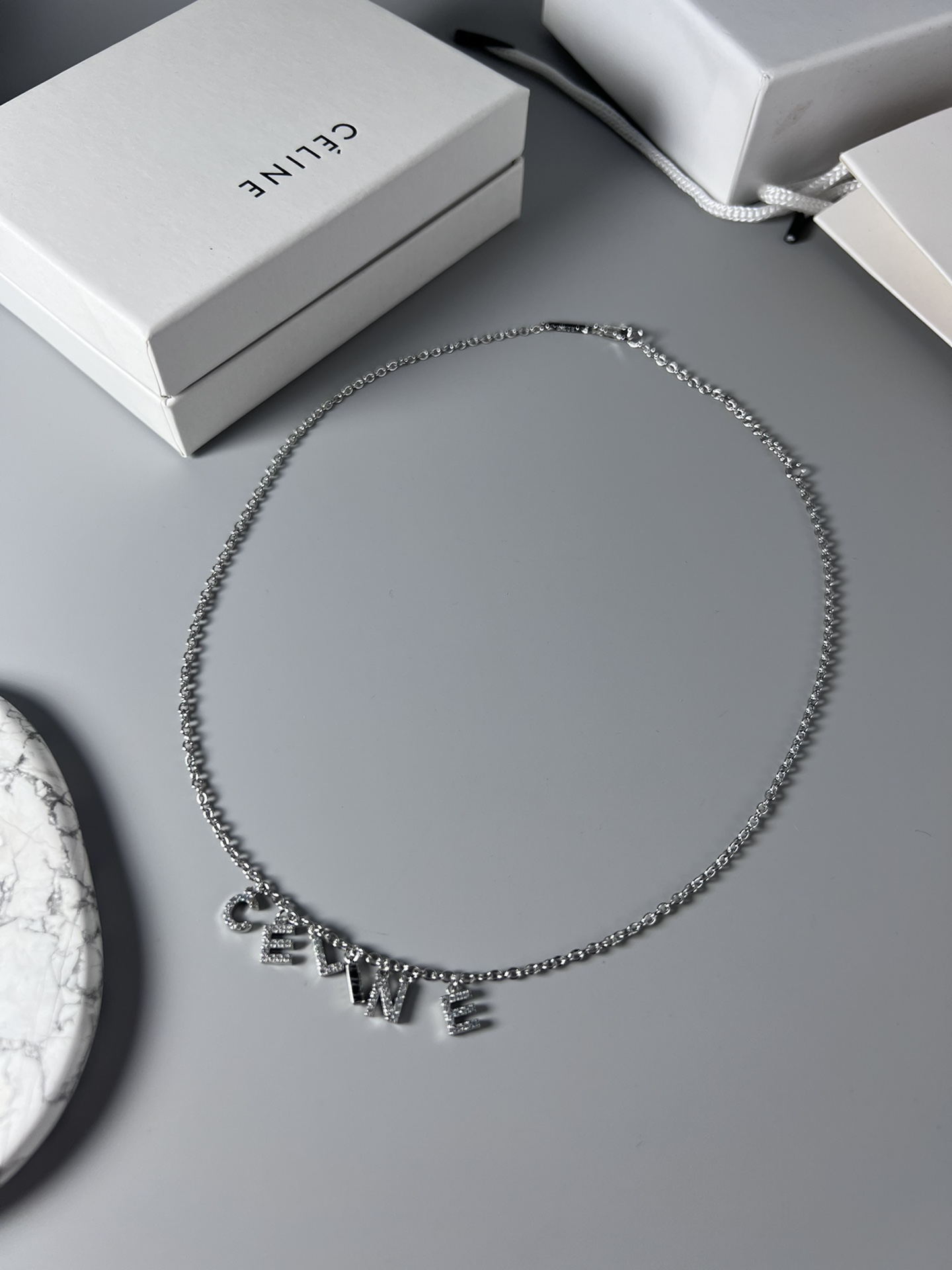 Celine Rhinestone Letter Logo Charm Necklace necklace Silver-toned metal with clear rhinestones Gold-toned metal with clear rhinestones 40cm with 5cm extender