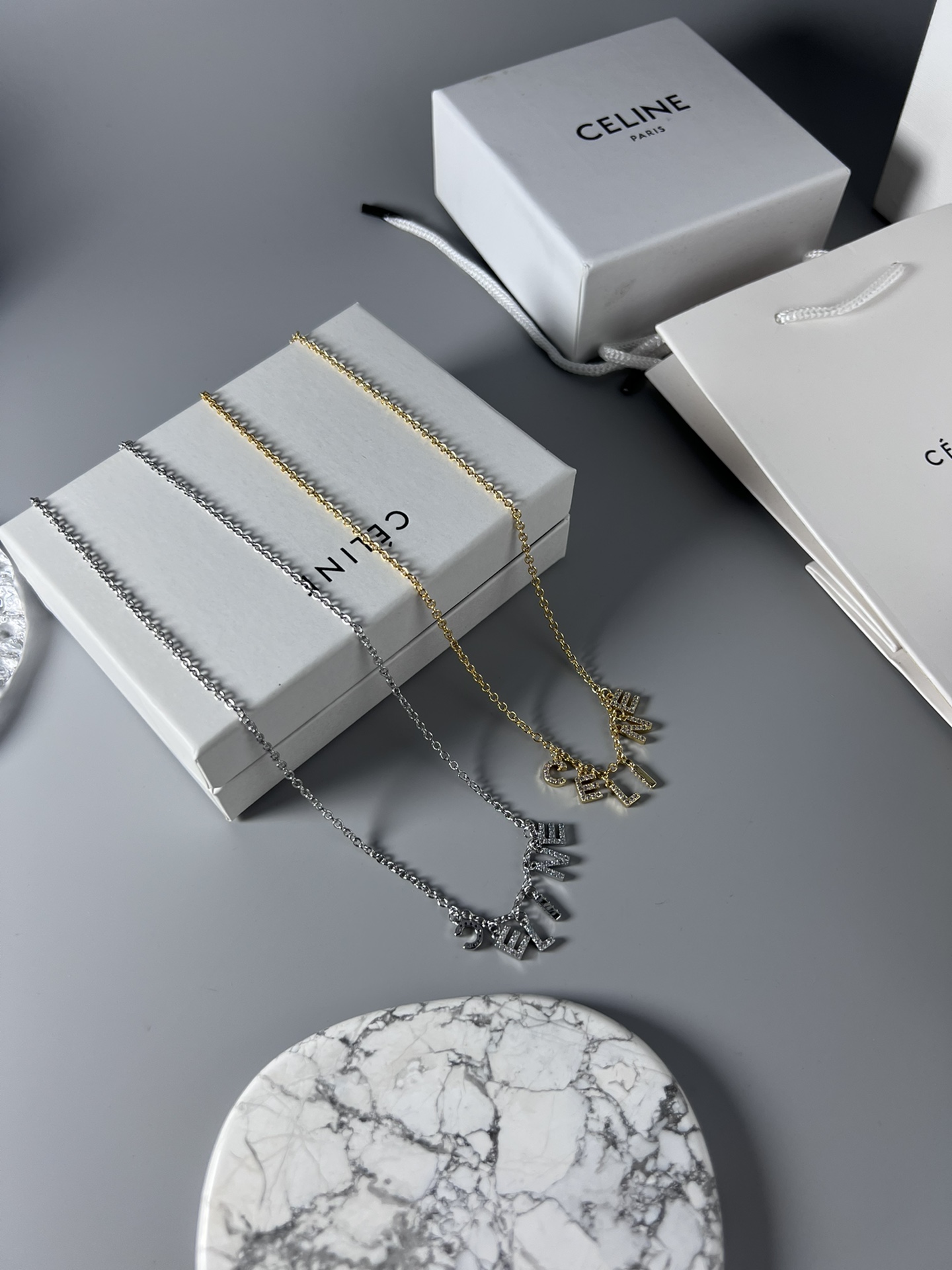 Celine Rhinestone Letter Logo Charm Necklace necklace Silver-toned metal with clear rhinestones Gold-toned metal with clear rhinestones 40cm with 5cm extender
