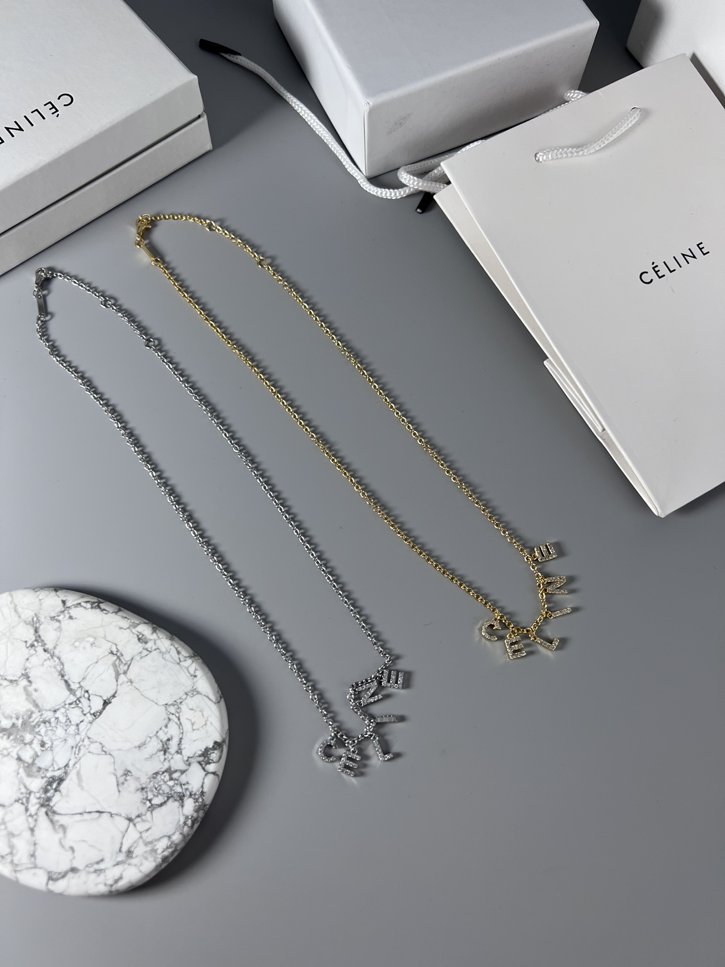 Celine Rhinestone Letter Logo Charm Necklace necklace Silver-toned metal with clear rhinestones Gold-toned metal with clear rhinestones 40cm with 5cm extender
