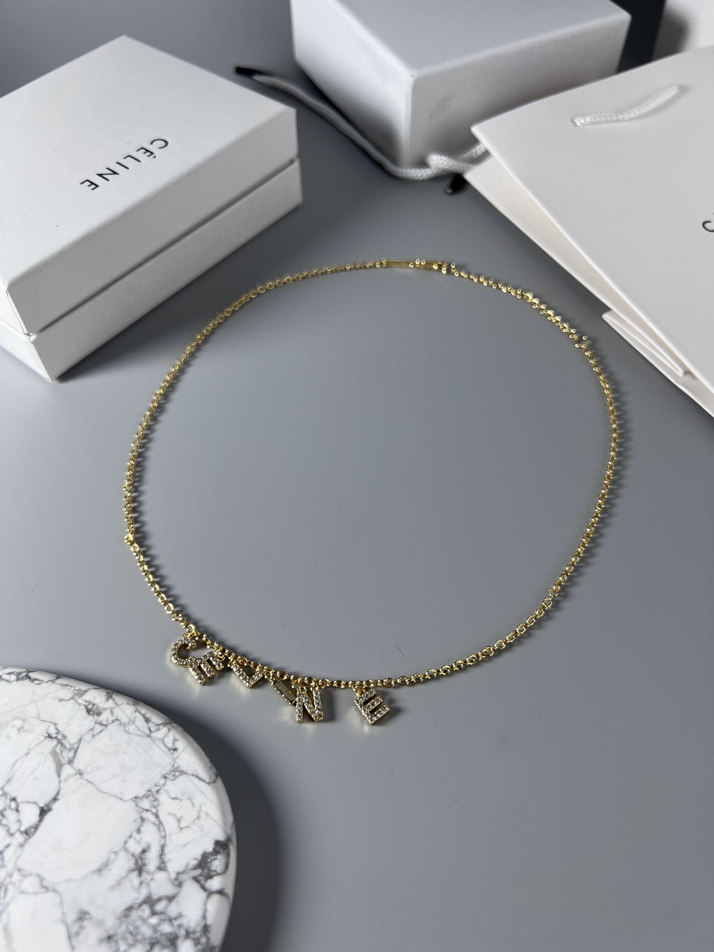 Celine Rhinestone Letter Logo Charm Necklace necklace Silver-toned metal with clear rhinestones Gold-toned metal with clear rhinestones 40cm with 5cm extender