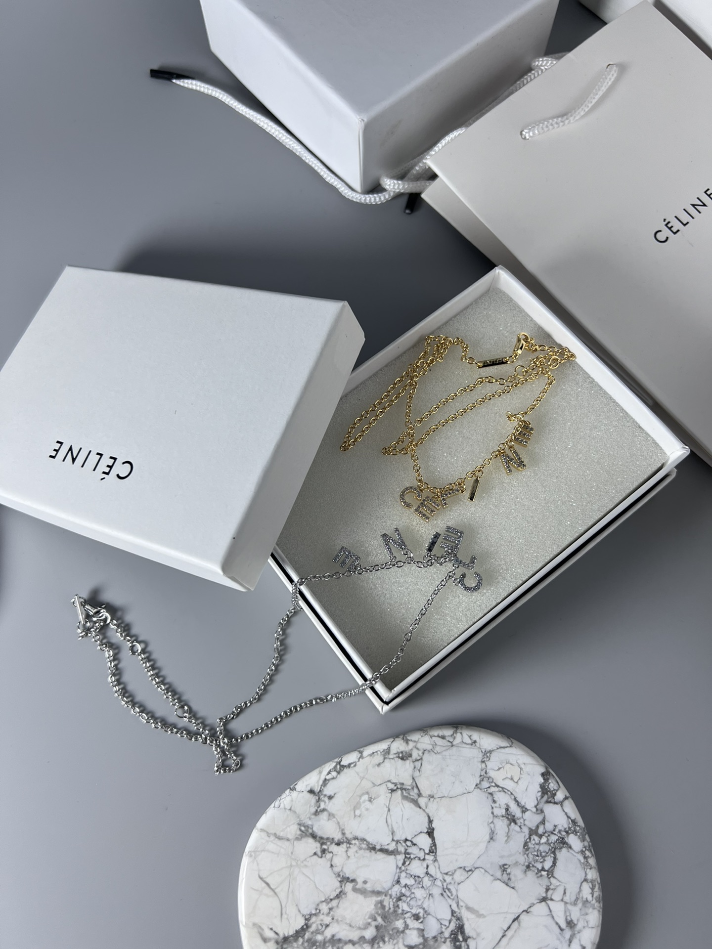 Celine Rhinestone Letter Logo Charm Necklace necklace Silver-toned metal with clear rhinestones Gold-toned metal with clear rhinestones 40cm with 5cm extender