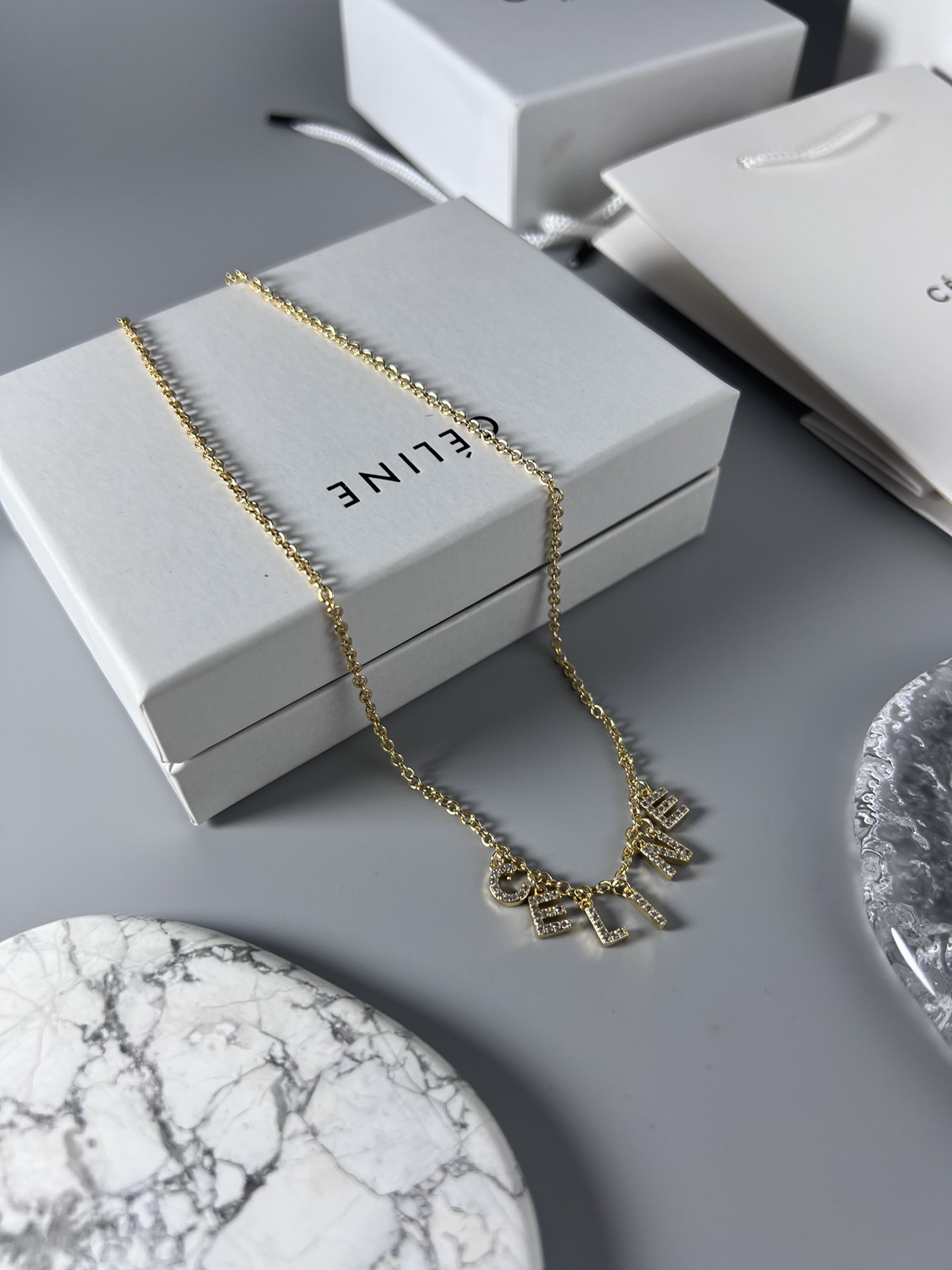 Celine Rhinestone Letter Logo Charm Necklace necklace Silver-toned metal with clear rhinestones Gold-toned metal with clear rhinestones 40cm with 5cm extender