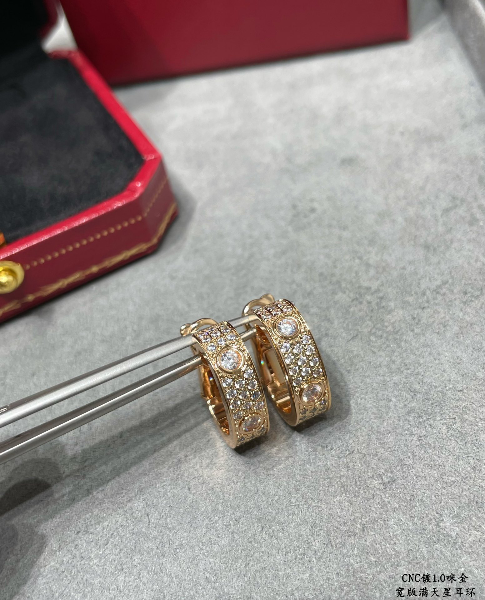 Cartier Love Wide Paved Diamond Hoop Earrings earrings 18k yellow gold with clear pave diamonds 13mm outer diameter