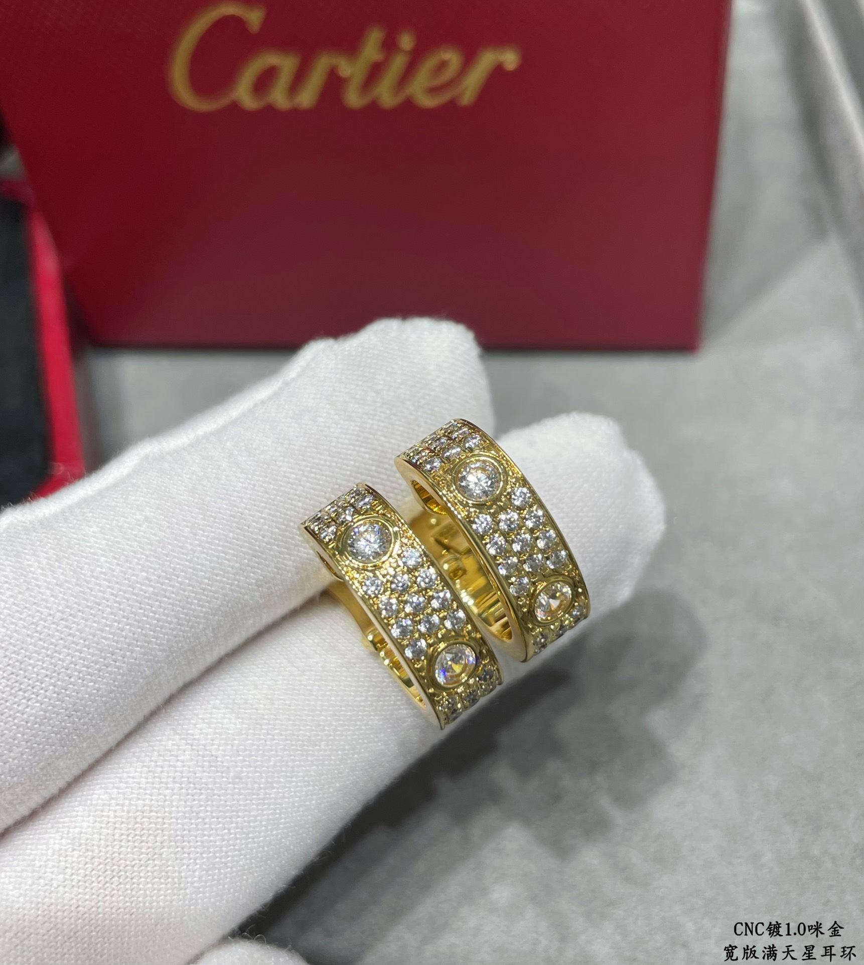 Cartier Love Wide Paved Diamond Hoop Earrings earrings 18k yellow gold with clear pave diamonds 13mm outer diameter