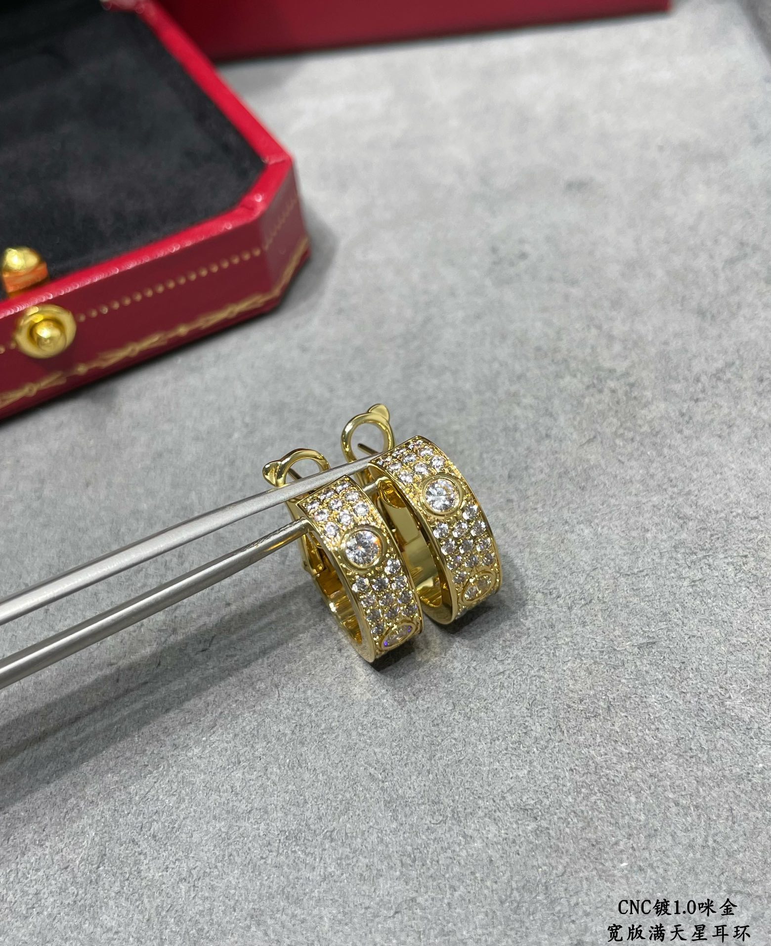 Cartier Love Wide Paved Diamond Hoop Earrings earrings 18k yellow gold with clear pave diamonds 13mm outer diameter